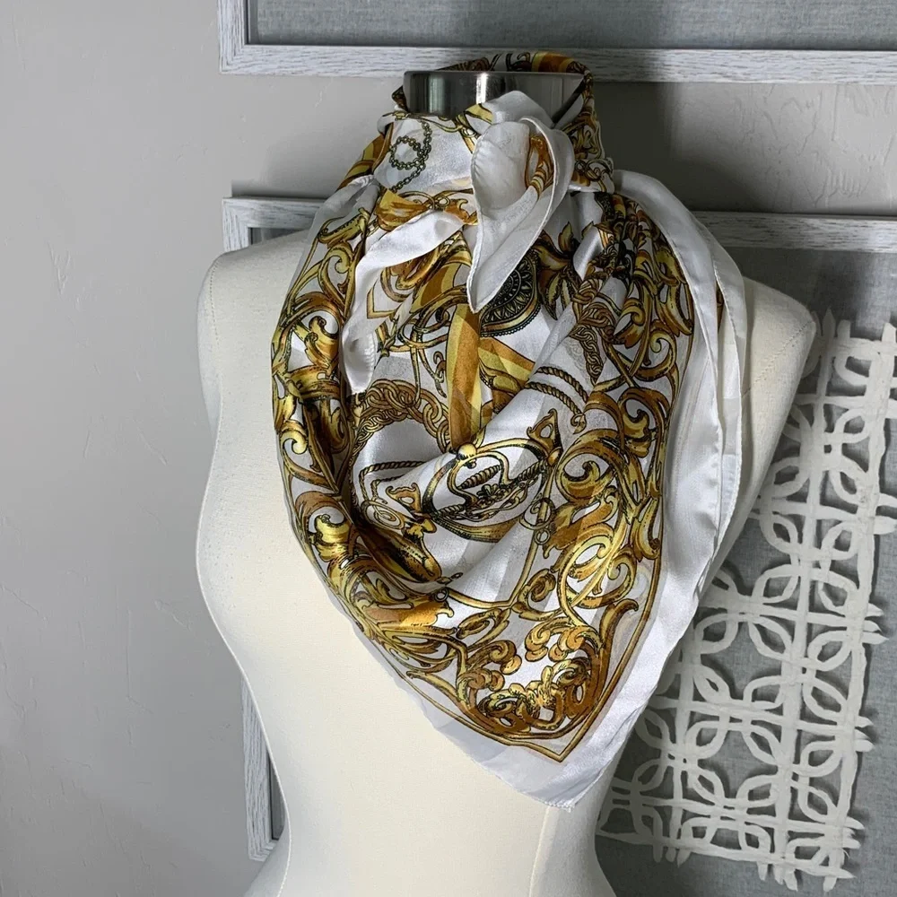 Ivory and gold chain print square scarf